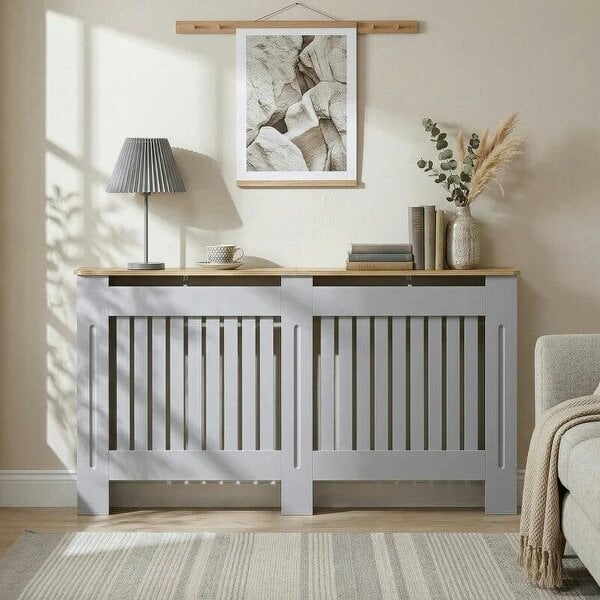 Bobobiy Slatted Radiator Cover, Painted Cabinet with Line Grill Design, 152W × 19D × 81H cm, Grey