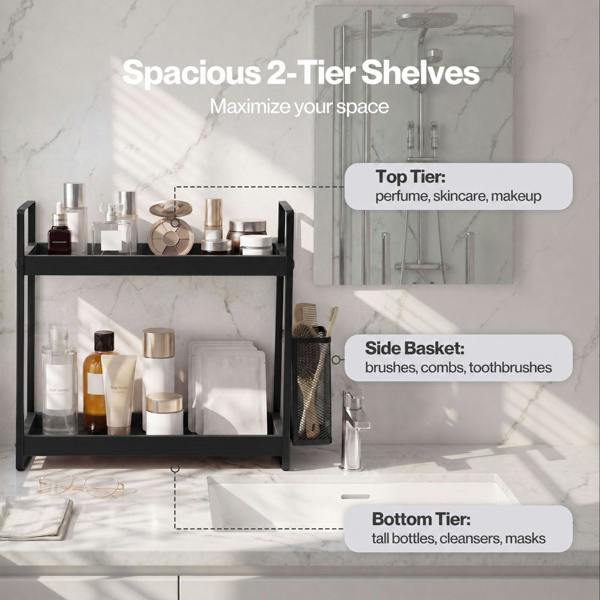 Levede Bathroom Organiser Countertop 2 Tier Perfume Skincare Storage Shelf Black