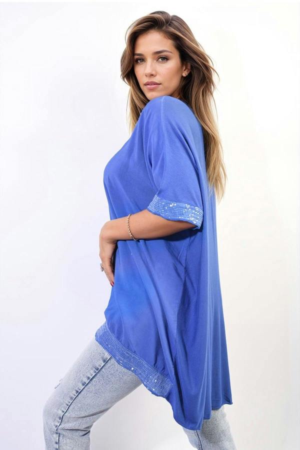 Amber Oversized Sequin Hem Flare Sleeve Top - Royal