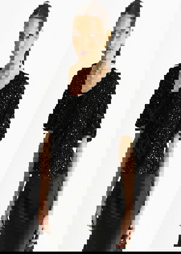 Gini London Black Velvet Sequin Bow Front Bubble Sleeve Top