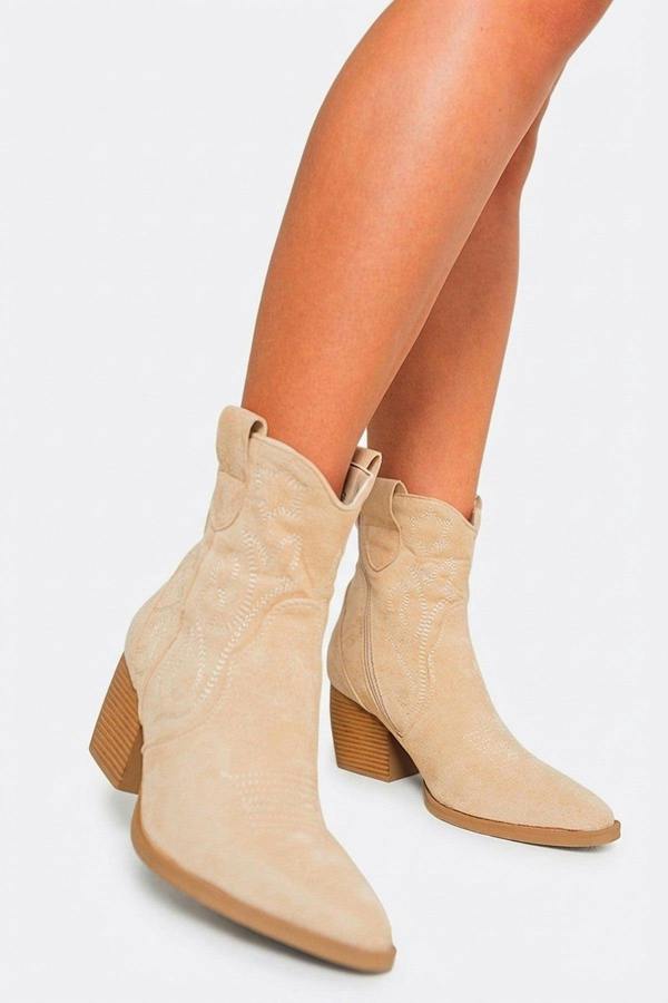 Laura Suede Cowboy Ankle Length Boots - Beige_wb