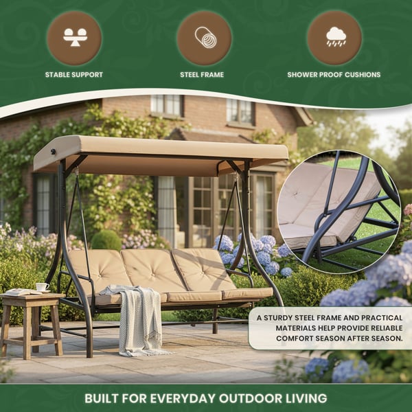 Heavy Duty Garden 3 Seater Swing Seat and Hammock Bed with Canopy, Steel Frame and Textaline Base, Thick Shower Proof Cushions