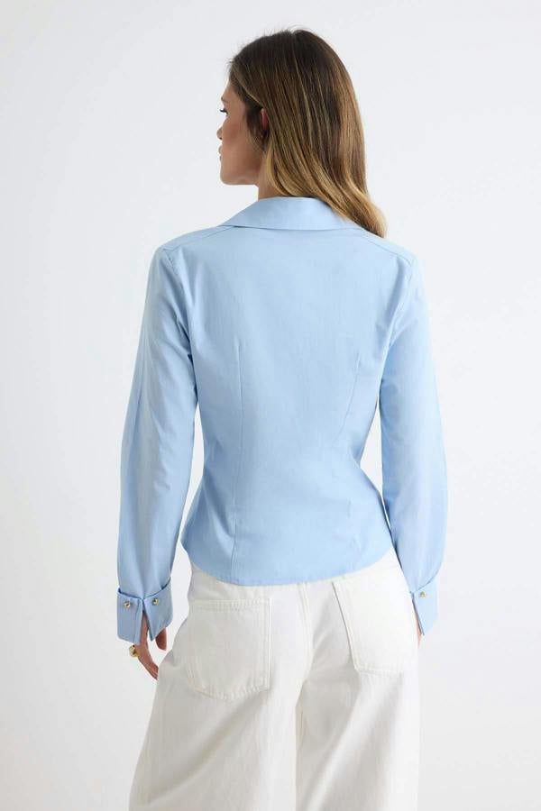 Gold Button Detail Fitted Long Sleeve Shirt