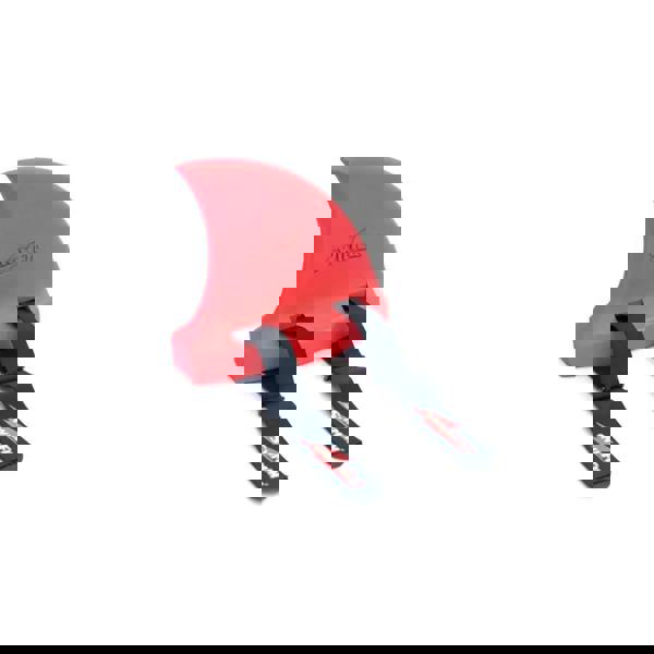 Red shark fin shaped buoyancy aid with black straps and SwimFin logo