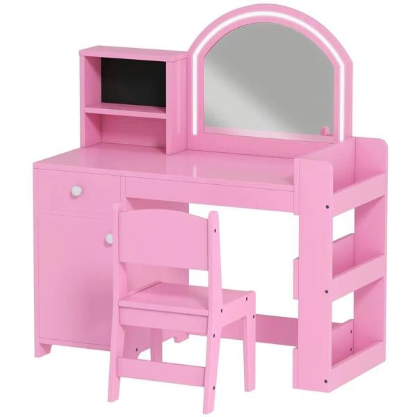 Pink kids vanity table set with arched mirror, drawers, shelves, and matching stool