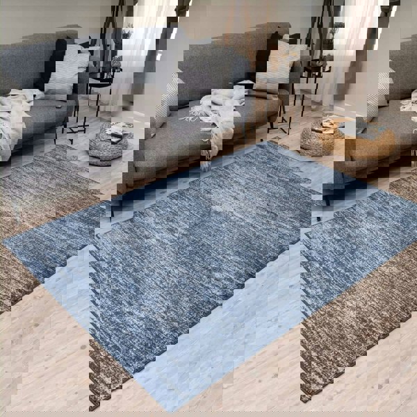 Blue colour rug, Non-shedding, stain-resistant, and pet-friendly.