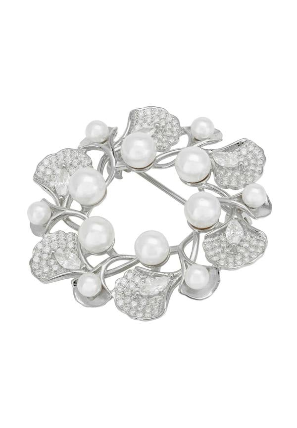 Latelita Ginkgo Leaf And Pearl Wreath Brooch Silver