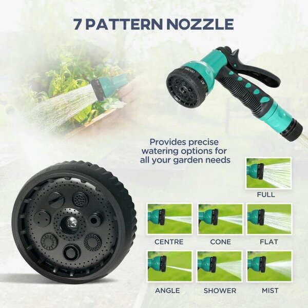 Bobobiy Retractable Hose Reel Wall Mounted, 30+2m Garden Hose Pipe Reel with Lock, 7 in 1 Spray Nozzle, 180° Swivel, 59 x 23 x 42 cm, Green