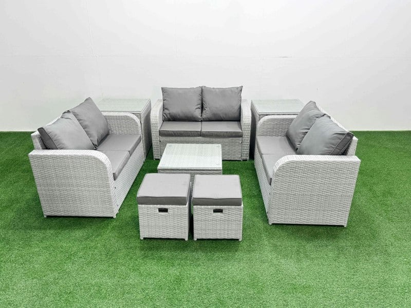 Fimous  8 Seater PE Wicker Rattan Furniture Sofa Sets with Square Coffee Table 2 Seater Love Sofa 2 Stool 2 Side Table Light Grey