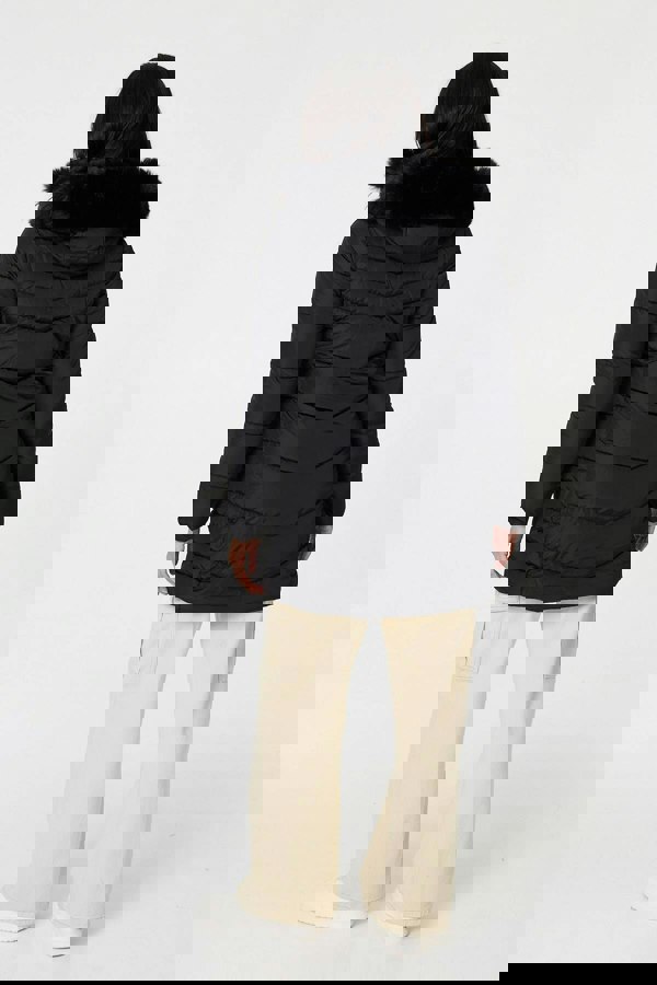 Black | Faux Fur Hooded Longline Puffer Jacket
