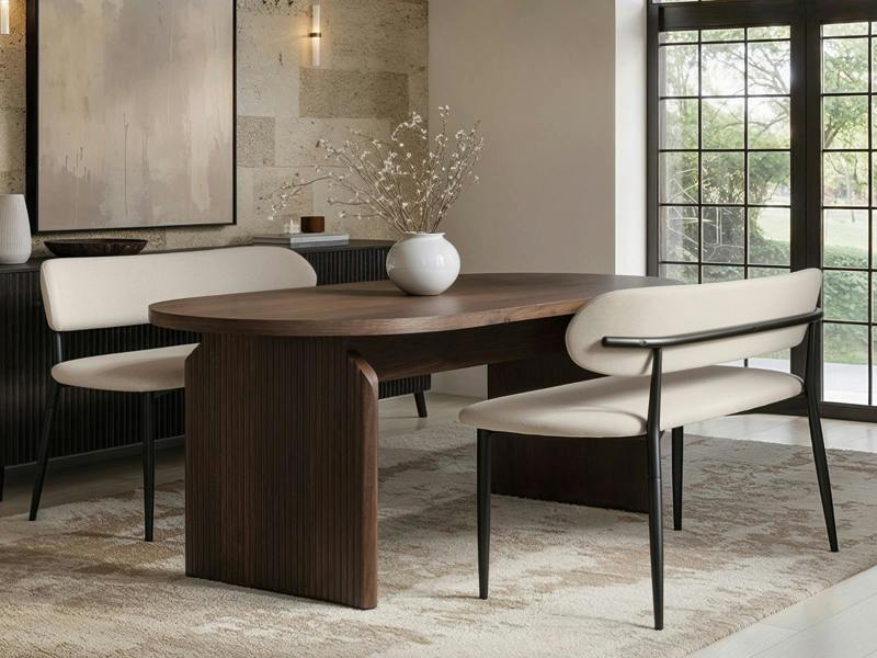 Varm & Cyra Walnut Dining Table Set with 2 Beige Chenille Benches-Walnut