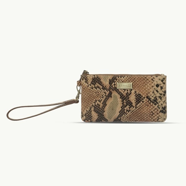 Assots London 'KAREN' Tan Snake Print Real Leather Wristlet Clutch Bag
