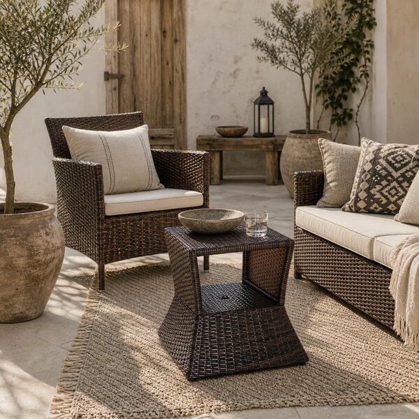 Wyld Haus Lekavi Rattan Brown Outdoor Coffee Table With Umbrella Open And Shelf