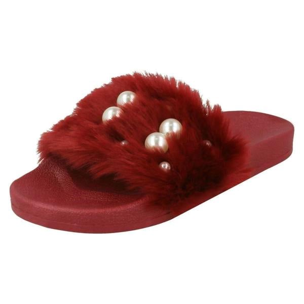 Spot On Ladies Spot On Pearl Trim Faux Fur Slider Style Sandals