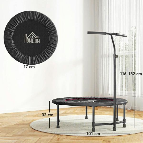 Black trampoline with reinforced jumping mat and adjustable handle, shown with size guides