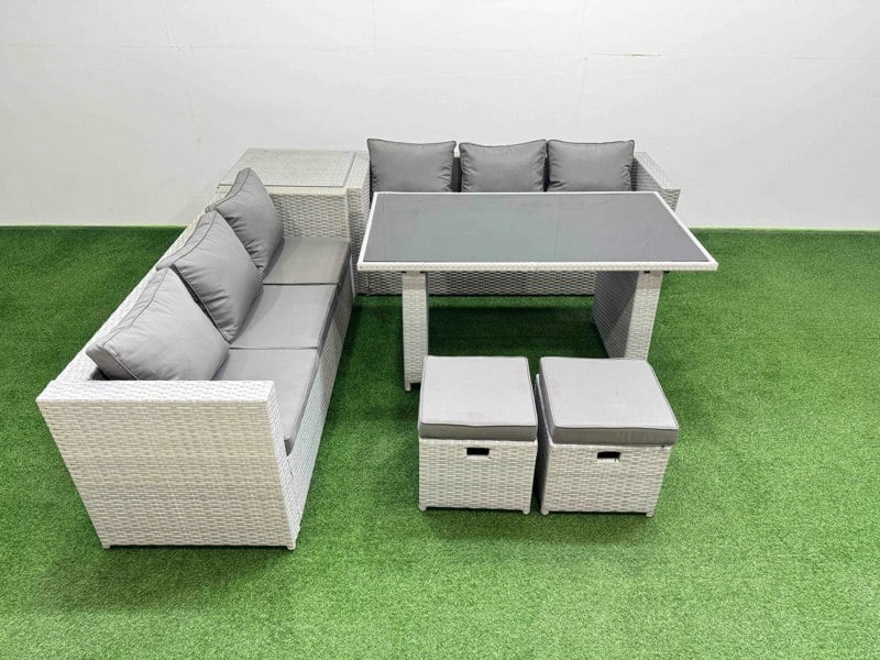 Fimous Rattan Garden Furniture Dining Set 8 seater Patio Rectangular Table Sofa Set with Side Table 2 Small Stools Light Grey