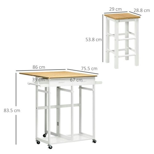Wyld Haus Elvami Vafa Wooden White Kitchen Island Set With 2 Stools Drop Leaf Top Drawers And Towel Rack