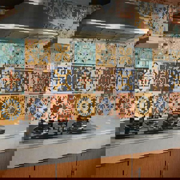 WT1561 - Jama Brown and Blue Moroccan Wall Tile Sticker Set - 15 cm x 15 cm - 24 pcs