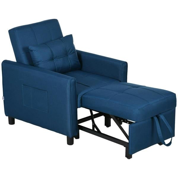 Blue linen-look single chair bed with tufted cushions and extended seat on black legs