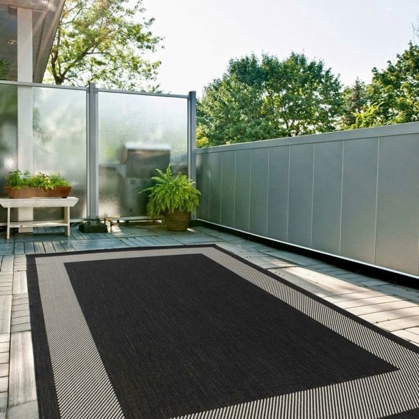 Outdoor Black Bordered Rug Weather resistant, Durable.