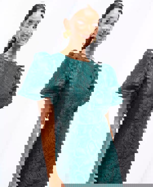 Needs No Label Green Jacquard Puff Sleeve Mini Dress