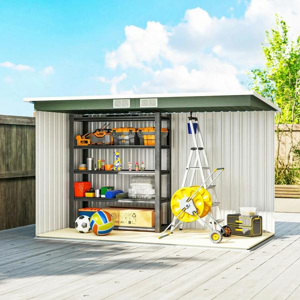 Light green metal garden shed with open double doors and organized tool storage