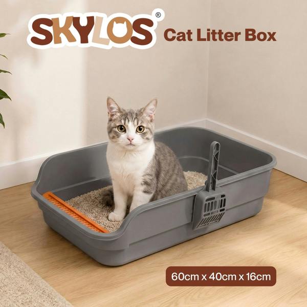 Skylos Cat Litter Tray Spacious High Sided Low Entry Open Pan for Cats Grey