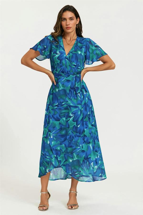 FS Collection Abstract Floral Print Wrap Maxi Dress In Blue