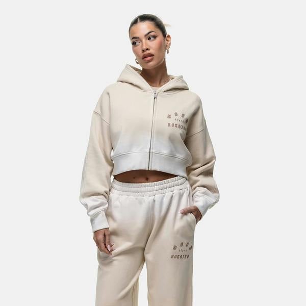 Good For Nothing Cream Spray Effect Cropped Zip Through Hoodie - Cream Image 1