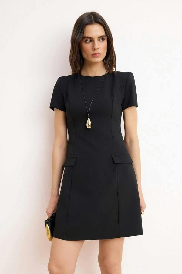 A-Line Short Sleeve Crew Neck Mini Dress