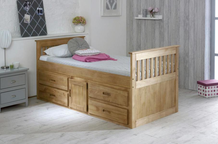 Captains TM Captains Storage Bed with 4 Drawers & Cupboard – Solid Pine – Waxed or White Finish – 3FT Single