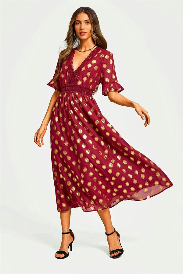 FS Collection Gold Foil Long Sleeve Lace Trim V Neck Maxi Dress In Wine