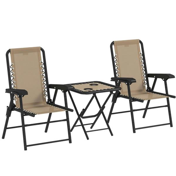 Khaki folding garden table with two padded sling chairs and black metal frames