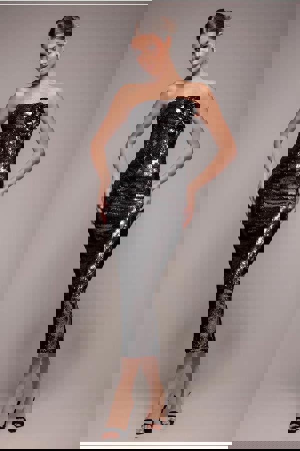 Liquid Sequin Boobtube Midaxi With Corsage - Black DR4126