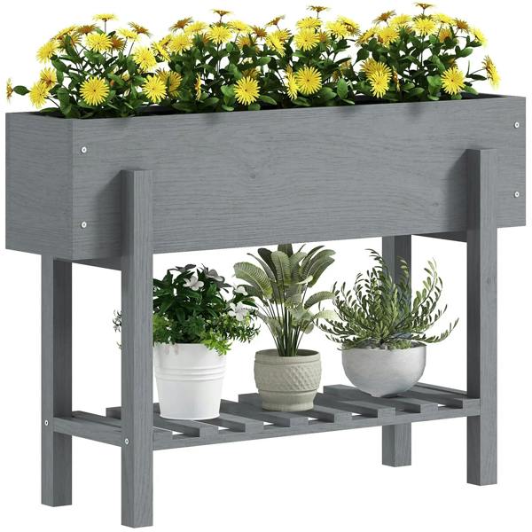 Grey wooden two-tier raised planter with open shelves for potted plants