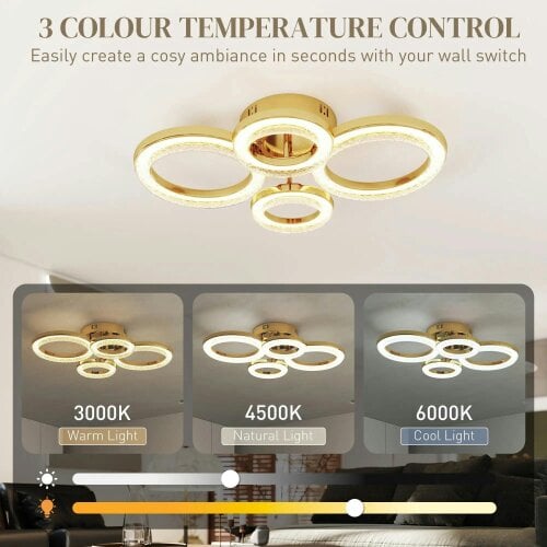 Bobobiy LED Ceiling Light, 40W 4350lm Flush Mount Ceiling Light with 3500K/4500K/6000K Colour Temperatures, 4, Gold