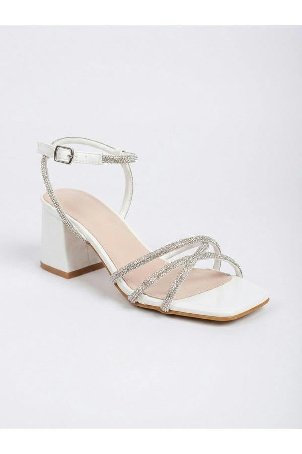Willow Rhinestone Block Heel Sandals - White