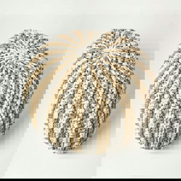 HOMESCAPES Off White and Linen Knitted Pouffe Striped Footstool