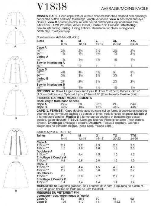 Vogue Sewing Pattern 1838, Capes, Vintage Style for Women, A (S-M-L-XL-XXL) - Intermediate