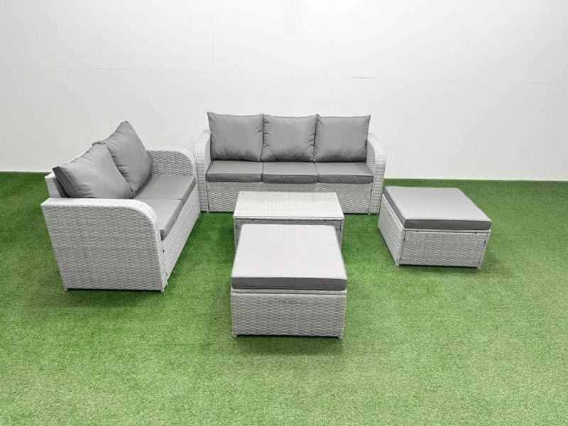 Fimous 7 Seater PE Rattan Wicker Garden Furniture Patio Conservatory Sofa Set with Rectangular Coffee Table 3 Seater Sofa Love Sofa 2 Big Footstool