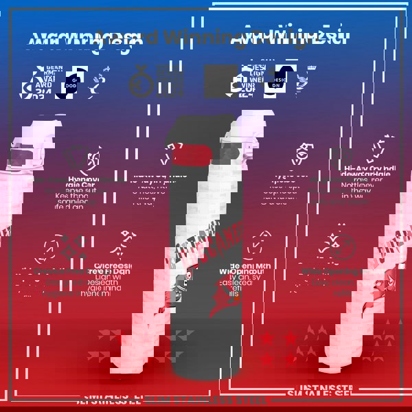 A slim stainless steel water bottle, displaying the Tampa Bay Buccaneers logo, is shown against a red background; it features a hide-away handle and a hygiene cover. Award logos are visible at the top.