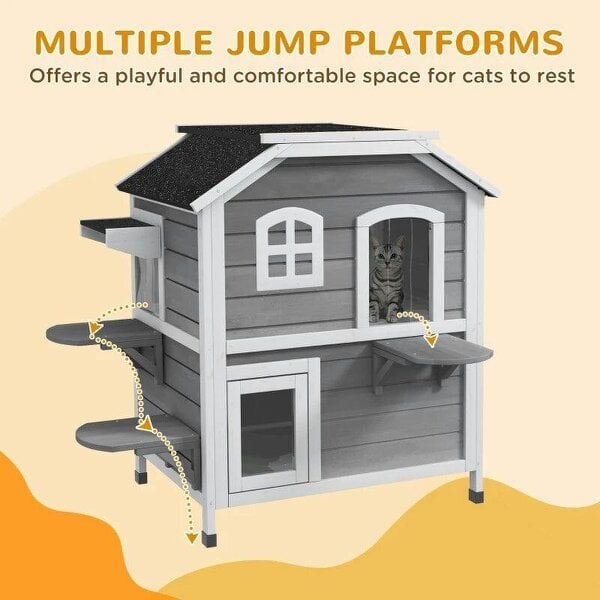 2-story Cat House Outdoor, Weatherproof Wooden Cat Enclosure with Escape Door, Openable Roof, Jumping Platforms, Grey