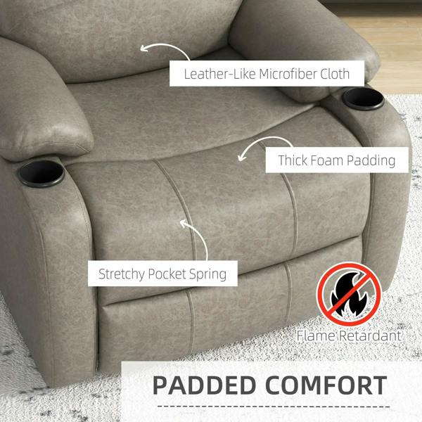 Light gray recliner upholstery with thick foam padding and cup holder