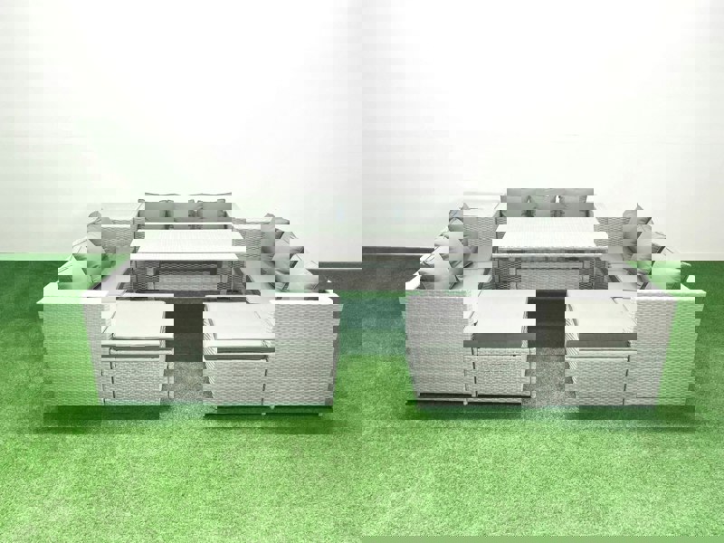Fimous Rattan Garden Outdoor Furniture Set 11 Seater Garden Sofa Rectangulr Dining Table Set with 2 Big Footstools Side Table Light Grey Mixed