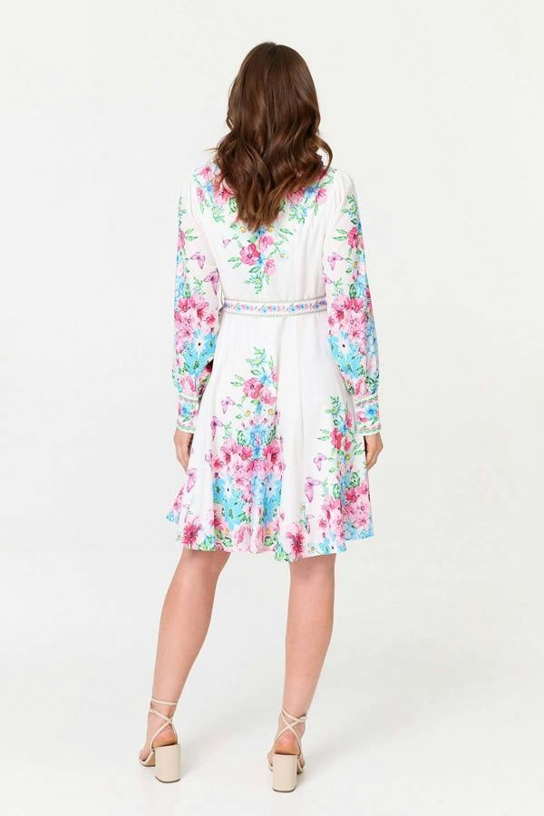 White | Floral Long Sleeve Tie Waist Short Dress
