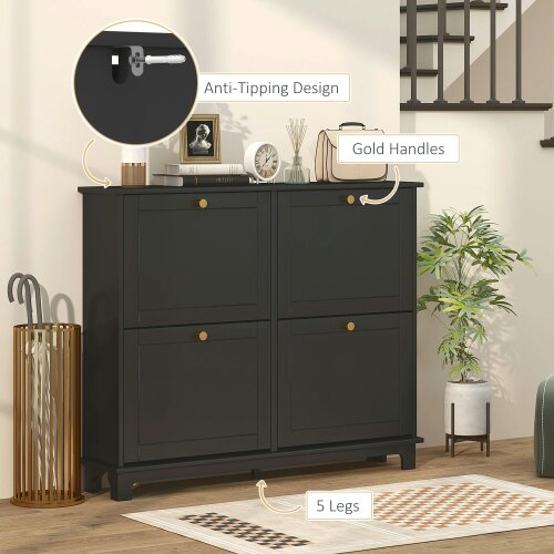 Wyld Haus Serodo Wooden Black Slim Shoe Cupboard With 4 Flip Drawer For 16 Pairs