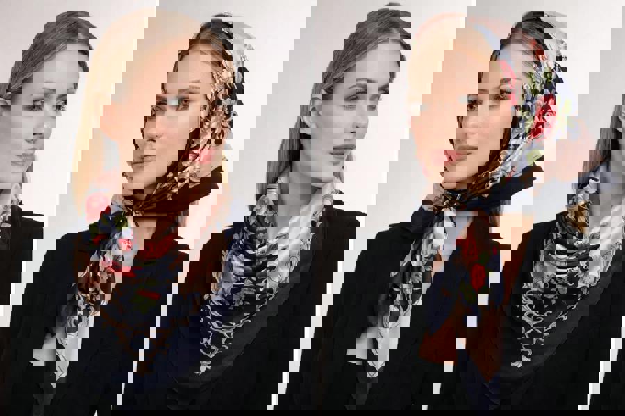 Anyyou Fashion Premium Satin Square Scarf – Navy Blue Pink 535 Silk-Feel Neckwrap for Women