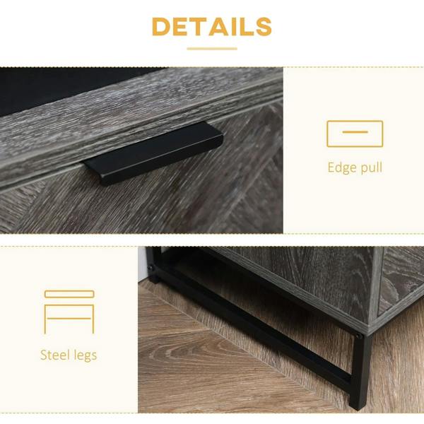 Dark grey drawer pull and steel legs detail on bedside table.