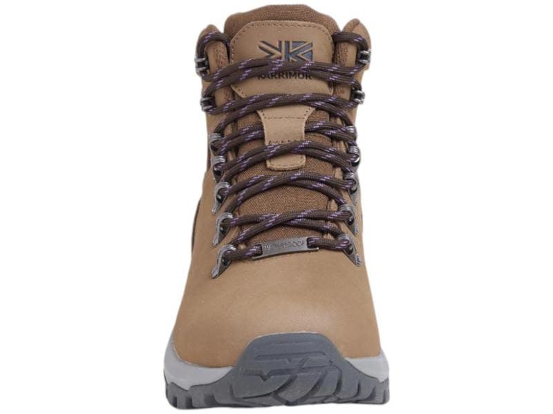 Karrimor Mendip 4 Womens Waterproof Hiking Trekking Ankle Boots, tan outdoor footwear with rugged sole and purple laces.