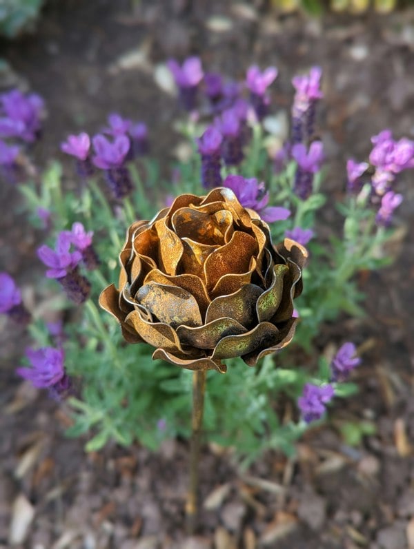 Savage Works Metal Peony Flower Stake Garden Ornament